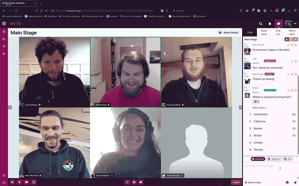 An animated gif of a screenshot with the heading “Main Stage” at top, showing six people in the virtual room. There are three men in the top row and one man, one woman, and one blank placeholder profile image in the second row. You can see laughing emoticons and heart emoticons moving up the screen, with names below them. The people shown are smiling and laughing.