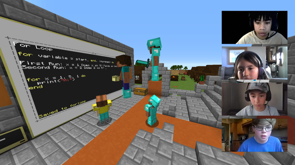 Screenshot of a Minecraft world with inset photos of four kids.